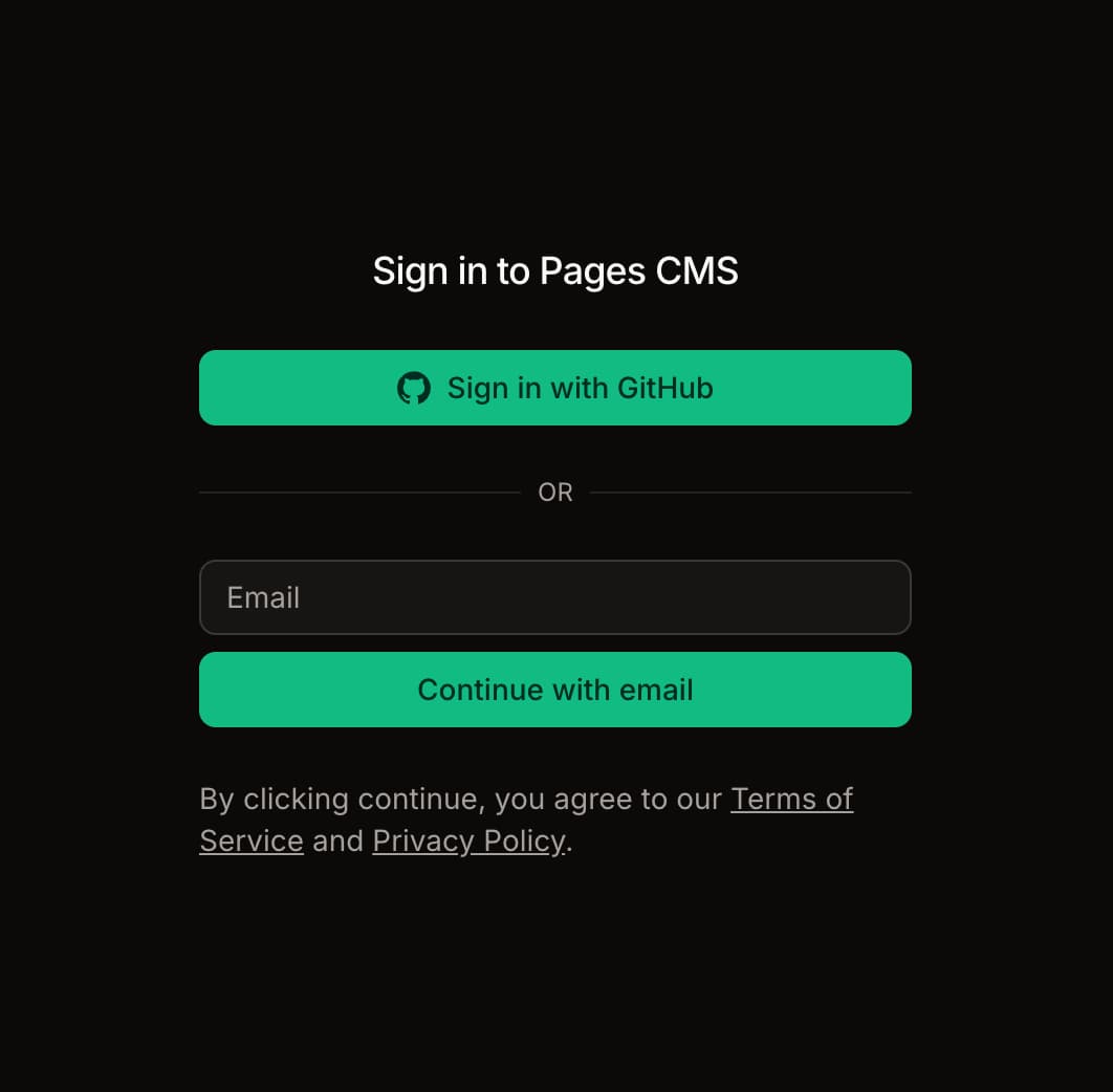 Pages CMS-aanmeldscherm met opties om in te loggen via GitHub of e-mail