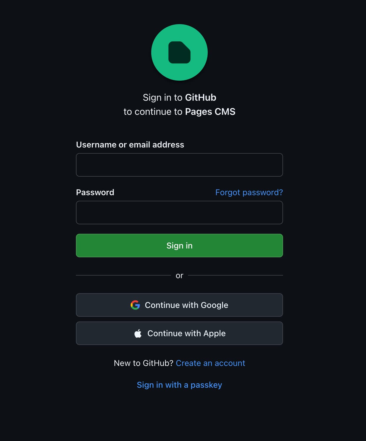 GitHub-inlogscherm om verder te gaan naar Pages CMS